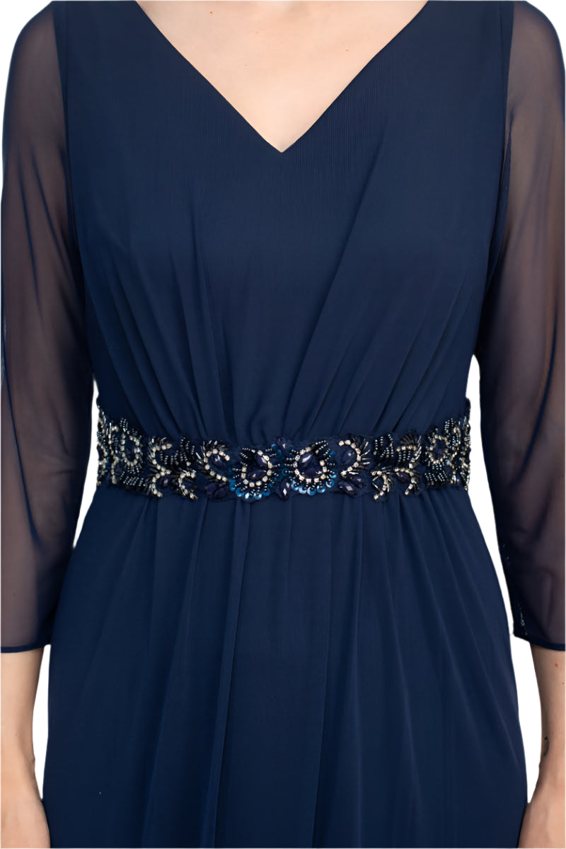 Marina V-Neck 3/4 Sleeve Embellished Waist Front Zipper Back Solid Mesh Dress Marina V-Neck 3/4 Sleeve Embellished Waist Front Zipper Back Solid Mesh Dress