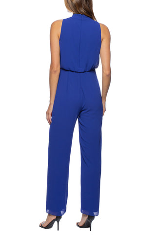 Marina Sleeveless Halter Mock Neck Rhinestone Bow Waist Chiffon Jumpsuit - ROYAL - BACK 