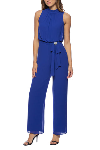 Marina Sleeveless Halter Mock Neck Rhinestone Bow Waist Chiffon Jumpsuit - ROYAL - FRONT 