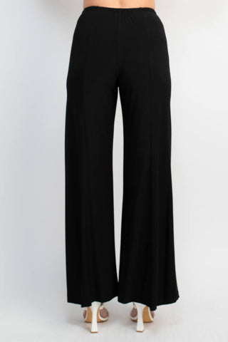 Marina Scoop Neck Embellished Chiffon Long Sleeve Slit Side Top and Elastic Mid Waist Wide Leg Jersey Two Piece Pant Set