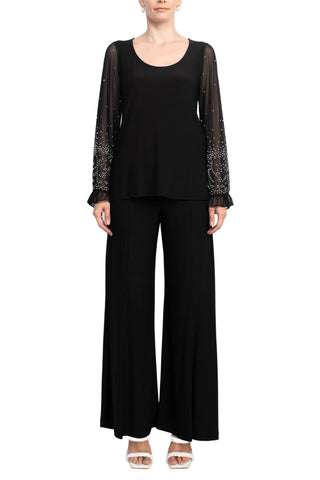 Marina Scoop Neck Embellished Chiffon Long Sleeve Slit Side Top and Elastic Mid Waist Wide Leg Jersey Two Piece Pant Set