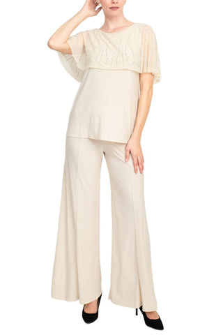 Marina Boat Neck Embellished Capelet Sleeve Solid Top and Elastic Mid Waist Wide Leg Pant Set