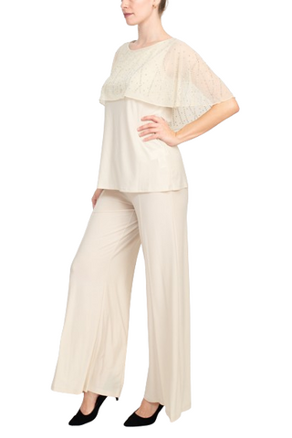 Marina Boat Neck Embellished Capelet Sleeve Solid Top and Elastic Mid Waist Wide Leg Pant Set - Champagne - Side