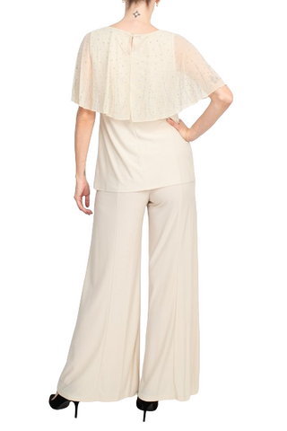 Marina Boat Neck Embellished Capelet Sleeve Solid Top and Elastic Mid Waist Wide Leg Pant Set - Champagne - Back