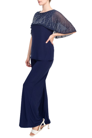 Marina Boat Neck Embellished Capelet Sleeve Solid Top and Elastic Mid Waist Wide Leg Pant Set - Navy - Side
