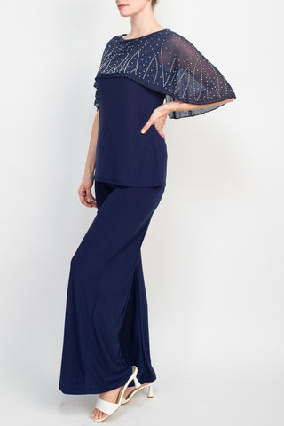 Marina Boat Neck Embellished Capelet Sleeve Solid Top and Elastic Mid Waist Wide Leg Pant Set