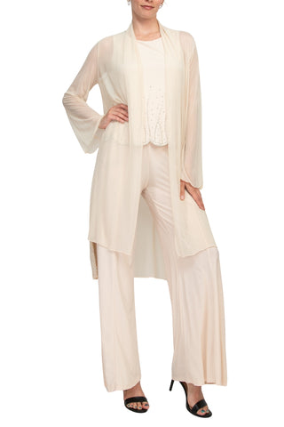 Marina Scoop Neck Sleeveless Embellished Scalloped Hem Mock 2 Piece Jumpsuit with Long Sleeve Embellished Long Bodied Jacket