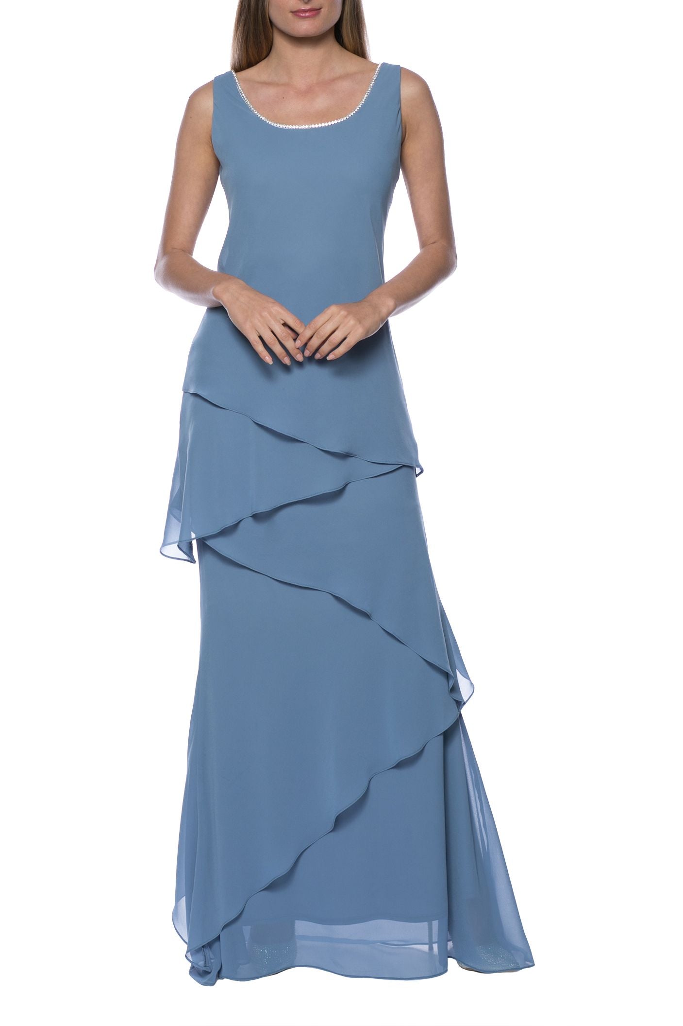Marina Embellished Scoop Neck Sleeveless Tiered Solid Chiffon Dress With Matching Long Sleeve Jacket | Available at Curated Brands in Los Angeles Marina Embellished Scoop Neck Sleeveless Tiered Solid Chiffon Dress With Matching Long Sleeve Jacket | Available at Curated Brands in Los Angeles