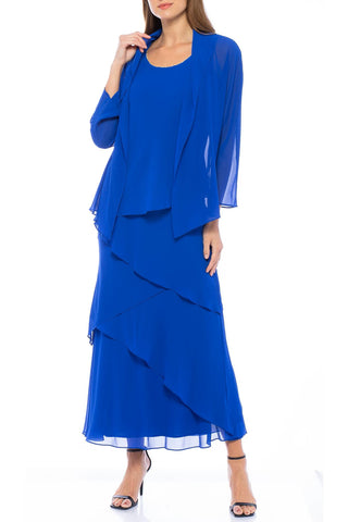 Marina Embellished Scoop Neck Sleeveless Tiered Solid Chiffon Dress With Matching Long Sleeve Jacket - COBALT - Front full view