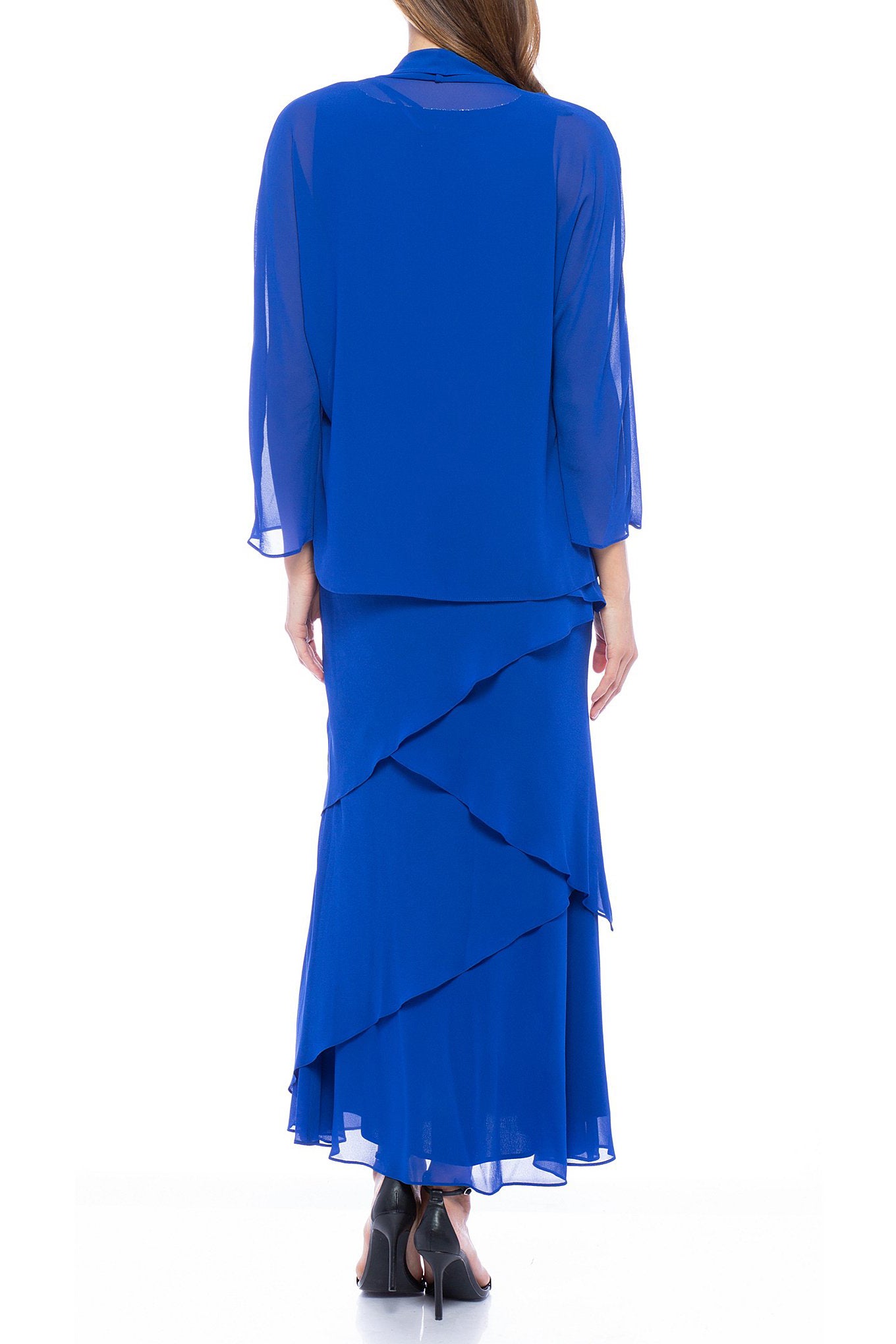 Marina Embellished Scoop Neck Sleeveless Tiered Solid Chiffon Dress With Matching Long Sleeve Jacket | Available at Curated Brands in Los Angeles Marina Embellished Scoop Neck Sleeveless Tiered Solid Chiffon Dress With Matching Long Sleeve Jacket | Available at Curated Brands in Los Angeles
