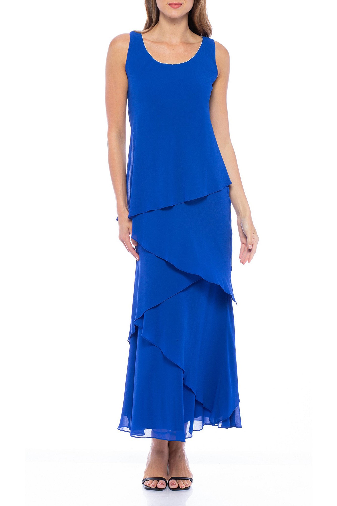 Marina Embellished Scoop Neck Sleeveless Tiered Solid Chiffon Dress With Matching Long Sleeve Jacket | Available at Curated Brands in Los Angeles Marina Embellished Scoop Neck Sleeveless Tiered Solid Chiffon Dress With Matching Long Sleeve Jacket | Available at Curated Brands in Los Angeles