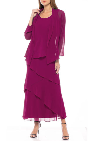 Marina Embellished Scoop Neck Sleeveless Tiered Solid Chiffon Dress With Matching Long Sleeve Jacket - FUSCHIA - Front full view