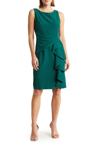 Marina Boat Neck Ruffled Sheath Dress - Green - Front 