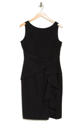 Marina Boat Neck Ruffled Sheath Dress - BLACK - Front view