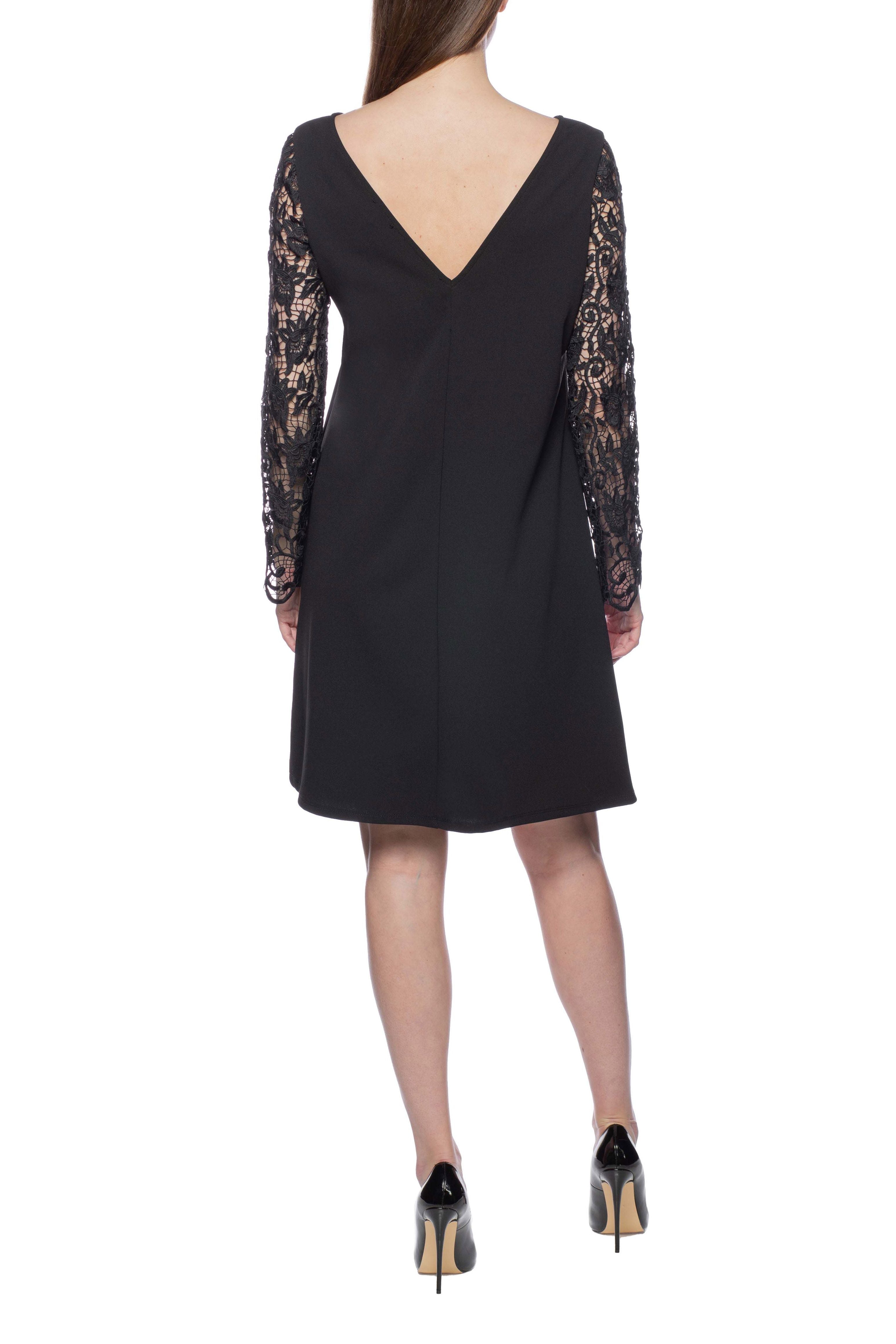 Marina Boat Neck Long Lace Sleeves V-Back Short Crepe Dress | Available at Curated Brands in Los Angeles Marina Boat Neck Long Lace Sleeves V-Back Short Crepe Dress | Available at Curated Brands in Los Angeles