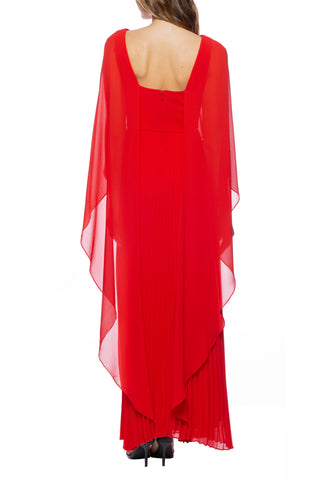 Marina boat neck capelet pleated front zipper closure solid crepe chiffon gown - Red - Back 