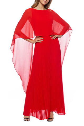 Marina boat neck capelet pleated front zipper closure solid crepe chiffon gown - Red - Front 