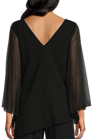 Marina chiffon sleeve crew neck scuba crepe top - BLACK - Back