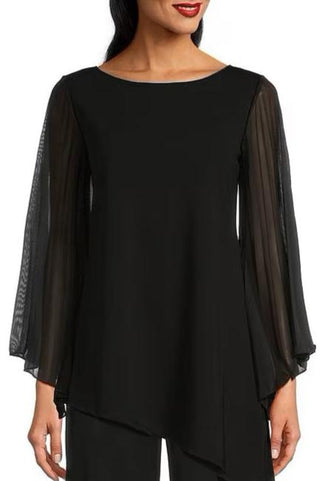 Marina chiffon sleeve crew neck scuba crepe top - BLACK - Front