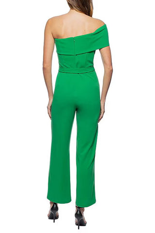 Marina One-Shoulder Stretch Crepe Foldover Neck Belted Waist Tie Jumpsuit - Green - Back 