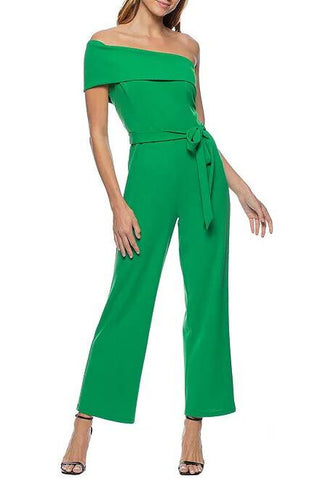 Marina One-Shoulder Stretch Crepe Foldover Neck Belted Waist Tie Jumpsuit - Green - Front 
