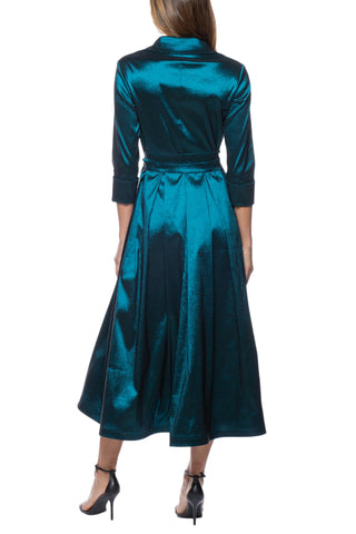 Marina 3/4 Sleeve Point Collar Neck Tie Waist Taffeta Midi A-LIne Dress - TEAL - BACK 