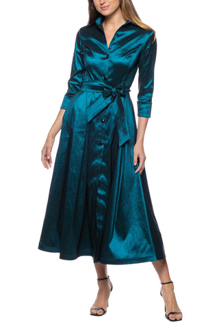 Marina 3/4 Sleeve Point Collar Neck Tie Waist Taffeta Midi A-LIne Dress - TEAL - FRONT