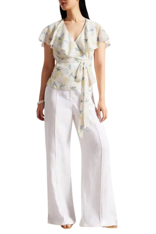 Ted Baker Gemmiaa Ruffled V-Neckline Short Flutter Sleeves Waist Self-Tie Belt Wrap Top Blouse