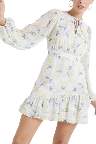 Ted Baker Self-Tie Keyhole Round Neckline Long Sleeves Elastic Cuffs Ruffled Overlay Shift Midi Dress