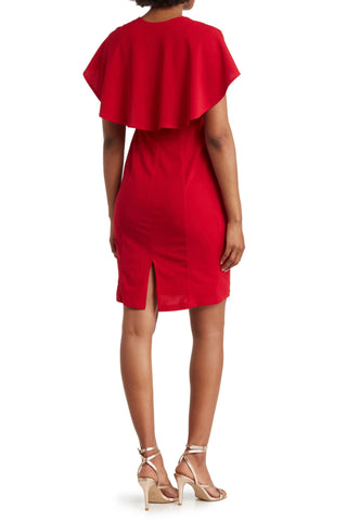 Marina Square Neck Capelet Crepe Dress - RED - Back