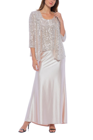 Marina 3/4 Sleeve Scoop Neck Sequin Satin 2-Piece Jacket Dress - CHAMPAGNE - Front