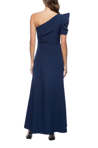 Marina Scuba Crepe One Shoulder Puff Sleeve Overlay Skirt Jumpsuit Dress -  NAVY - Back 