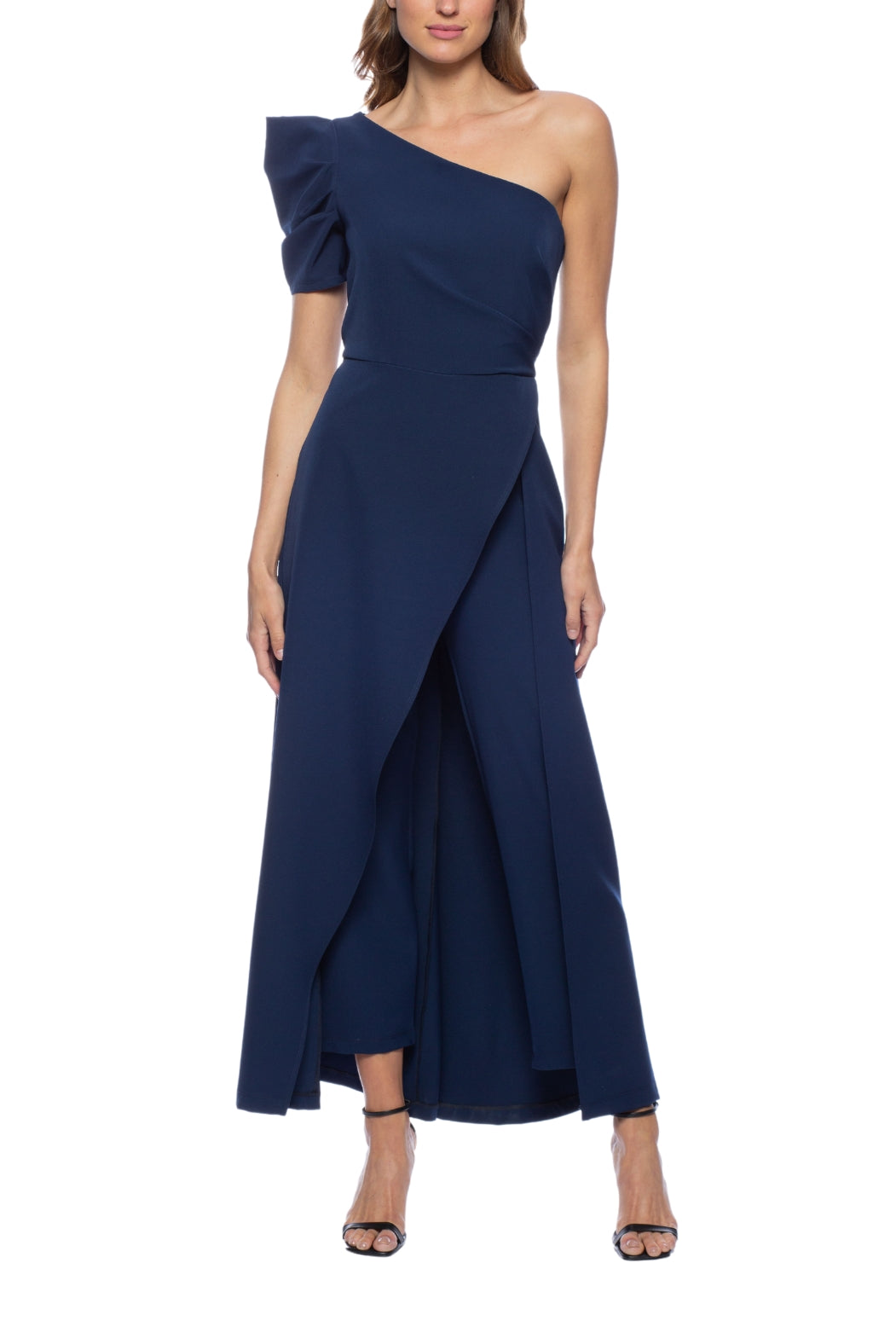 Marina Scuba Crepe One Shoulder Puff Sleeve Overlay Skirt Jumpsuit Dress | Available at Curated Brands in Los Angeles Marina Scuba Crepe One Shoulder Puff Sleeve Overlay Skirt Jumpsuit Dress | Available at Curated Brands in Los Angeles