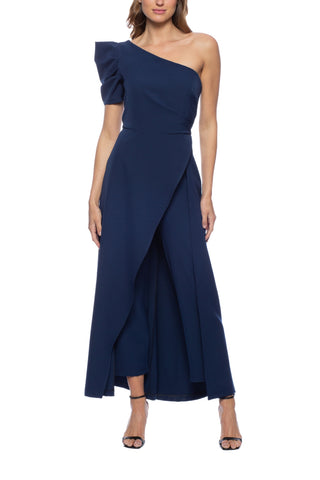 Marina Scuba Crepe One Shoulder Puff Sleeve Overlay Skirt Jumpsuit Dress -  NAVY - Front 