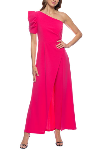 Marina Scuba Crepe One Shoulder Puff Sleeve Overlay Skirt Jumpsuit Dress - CORAL - Front 