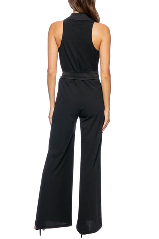 Marina Collared Sleeveless Tie Waist Scuba Crepe Jumpsuit - BLACK - BACK