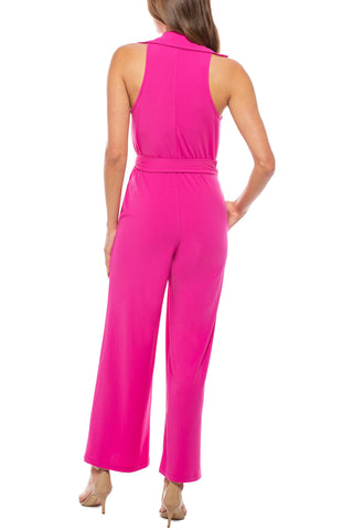 Marina Collared Sleeveless Tie Waist Scuba Crepe Jumpsuit -FUSCHIA - BACK VIEW