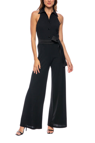 Marina Collared Sleeveless Tie Waist Scuba Crepe Jumpsuit - BLACK - FRONT