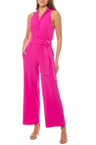 Marina Collared Sleeveless Tie Waist Scuba Crepe Jumpsuit -FUSCHIA - FRONT VIEW