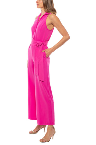 Marina Collared Sleeveless Tie Waist Scuba Crepe Jumpsuit -FUSCHIA - SIDE VIEW