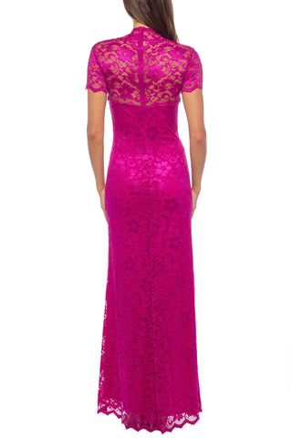 Marina A-Line Neck Short Sleeve Sheath Lace Gown - FUSCHIA - Back