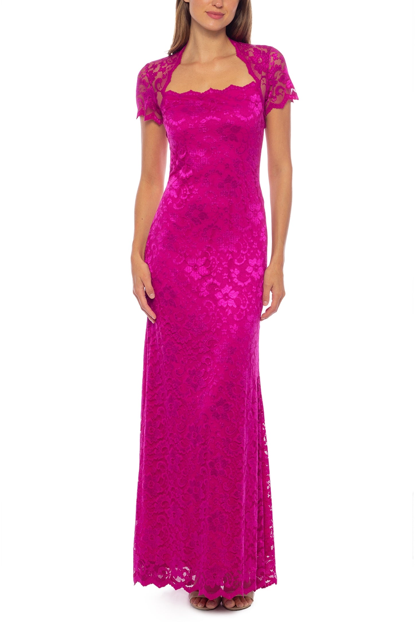 Marina A-Line Neck Short Sleeve Sheath Lace Gown Marina A-Line Neck Short Sleeve Sheath Lace Gown