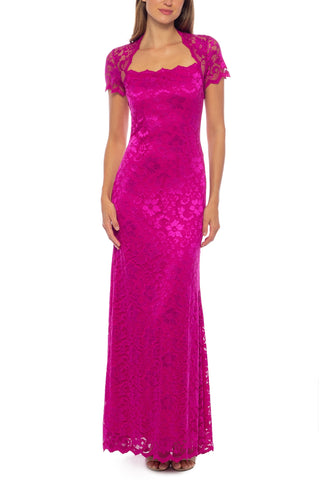 Marina A-Line Neck Short Sleeve Sheath Lace Gown - FUSCHIA - Front