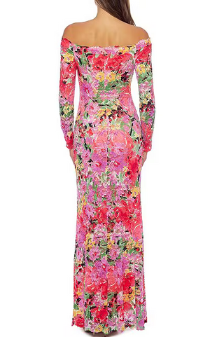 Marina Long Sleeve Off The Shoulder Scalloped Floral Maxi Dress - PINK MULTI - Back 