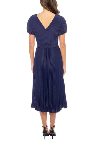 Marina Crew Neck Short Sleeve Fit & Flare Pleated Midi Dress - NAVY - Back