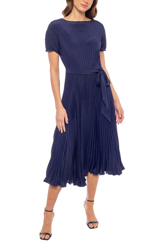 Marina Crew Neck Short Sleeve Fit & Flare Pleated Midi Dress - NAVY - Front