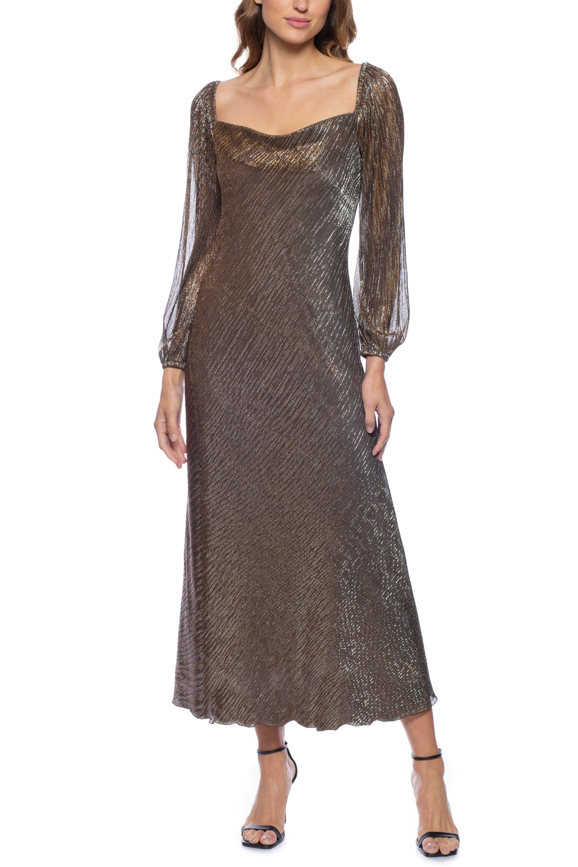 Marina Bronze Metallic Square Cowl Neckline Long Sleeves Elastic Cuffs Curated Brands Marina Bronze Metallic Square Cowl Neckline Long Sleeves Elastic Cuffs Curated Brands