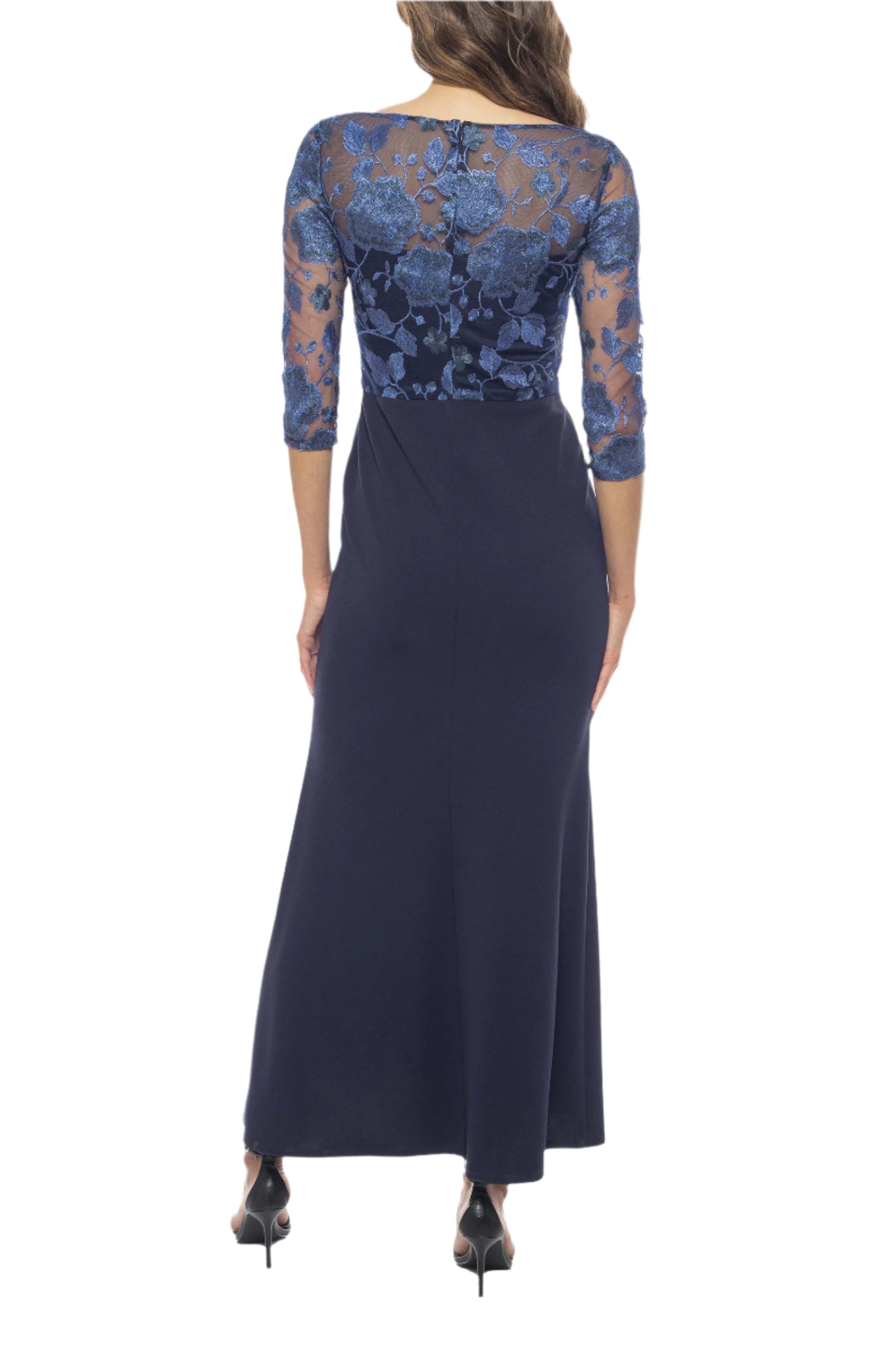 Marina Stretchy Embroidered Illusion Neckline 3/4 A-Line Sleeve Crepe Curated Brands Marina Stretchy Embroidered Illusion Neckline 3/4 A-Line Sleeve Crepe Curated Brands