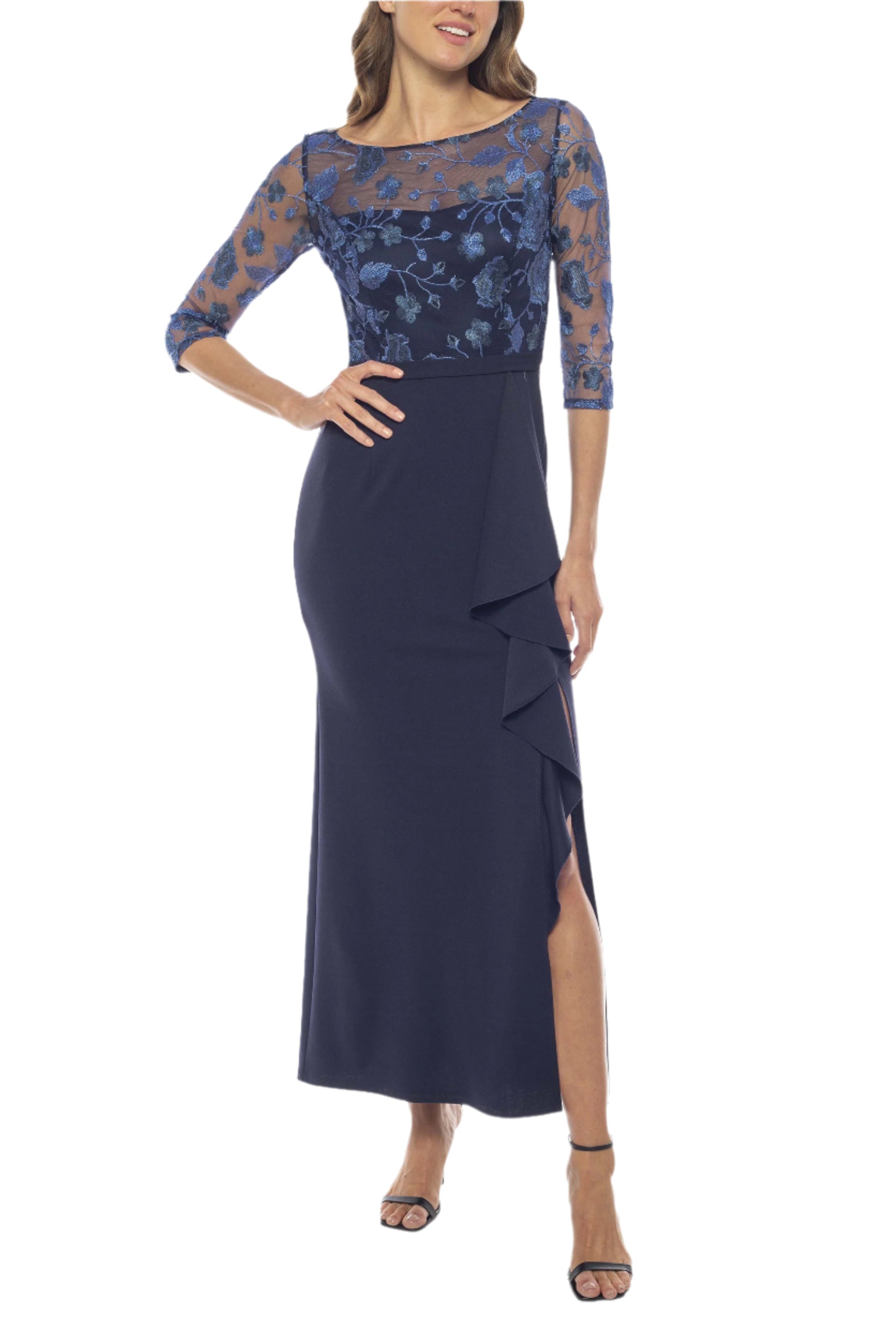 Marina Stretchy Embroidered Illusion Neckline 3/4 A-Line Sleeve Crepe Curated Brands Marina Stretchy Embroidered Illusion Neckline 3/4 A-Line Sleeve Crepe Curated Brands