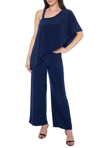 Marina One Shoulder Asymmetrical Neck Short Flutter Sleeve Wide Leg Jumpsuit - NAVY BLUE - FRONT 